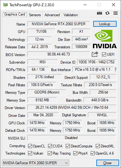 MSI RTX 2060 SUPER Gaming X GPUZ