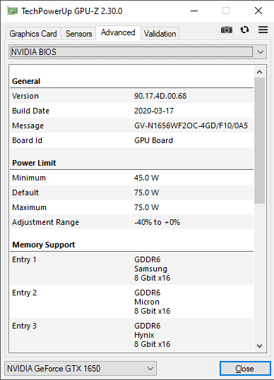 Gigabyte GTX 1650 D6 Windforce OC 4G; GPUZ TDP