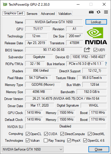 Pro zvětšení klikni Gigabyte GTX 1650 D6 Windforce OC 4G; GPUZ
