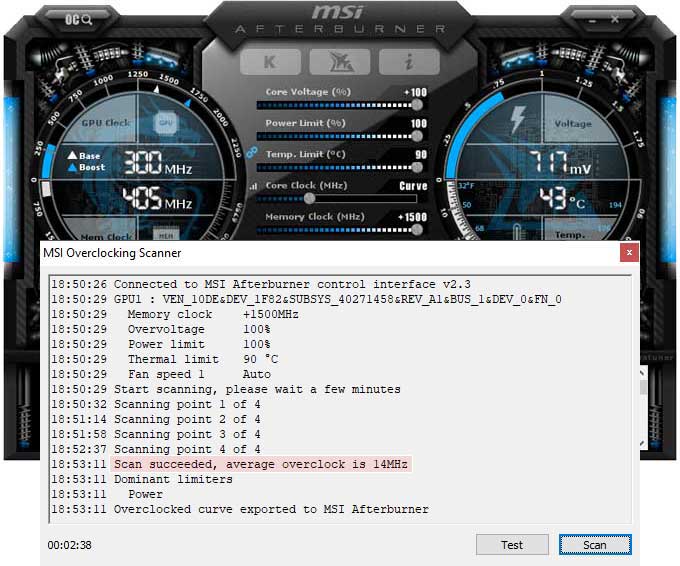 Přetaktování pomocí OC Scanner Gigabyte GTX 1650 D6 Windforce OC 4G přetaktování Afterburner