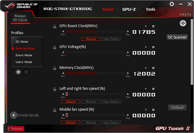 Pro zvětšení klikni Asus STRIX GTX 1650 SUPER O4G Gaming GPU Tweak advanced mode