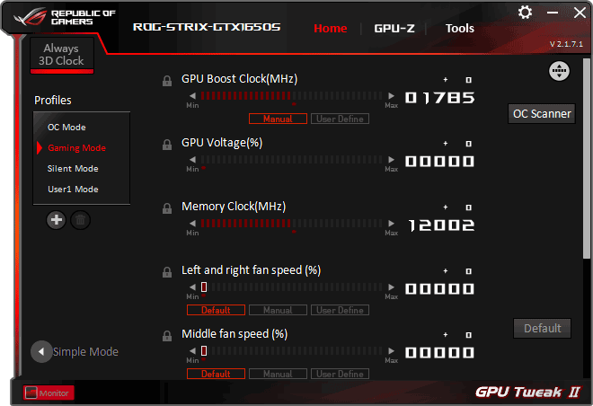 Asus STRIX GTX 1650 SUPER O4G Gaming GPU Tweak advanced mode