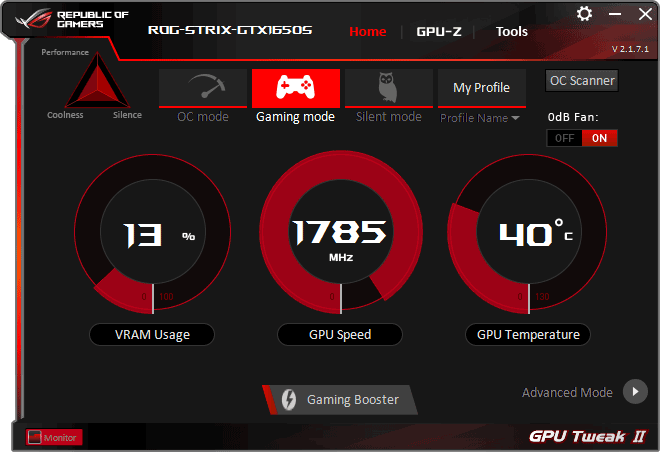 Pro zvětšení klikni Asus STRIX GTX 1650 SUPER O4G Gaming GPU Tweak simple mode