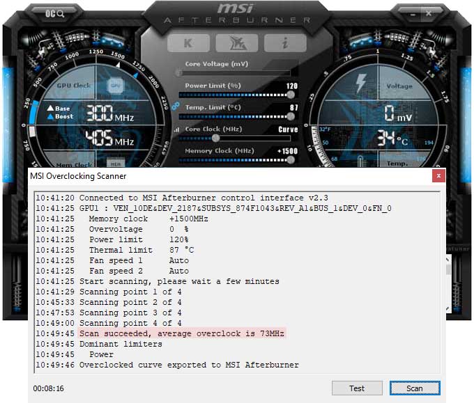 Asus STRIX GTX 1650 SUPER O4G Gaming přetaktování Afterburner