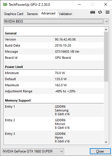 Asus STRIX GTX 1660 SUPER O6G Gaming GPUZ; Performance mode