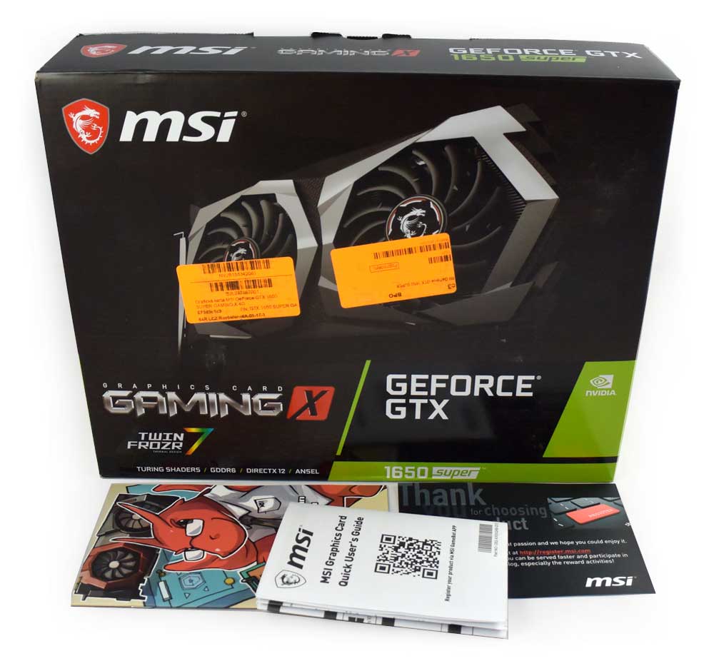 Pro zvětšení klikni MSI GTX 1650 SUPER Gaming X; balení