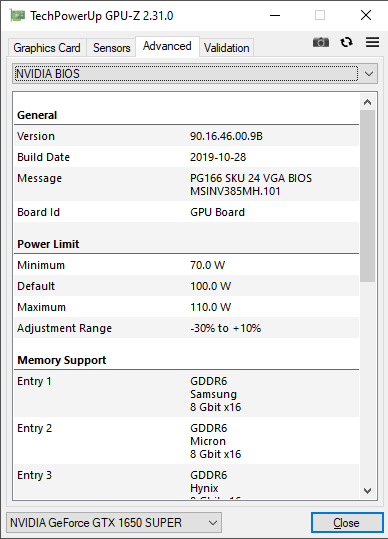 MSI GTX 1650 SUPER Gaming X GPUZ TDP