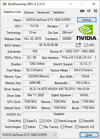 Pro zvětšení klikni MSI GTX 1650 SUPER Gaming X GPUZ