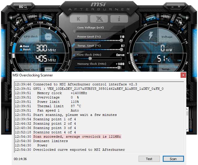 Přetaktování pomocí OC Scanner MSI GTX 1650 SUPER Gaming X přetaktování Afterburner