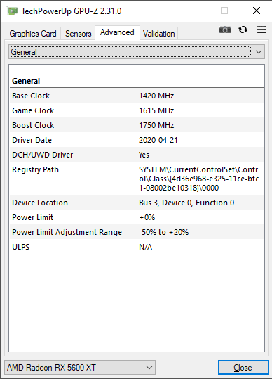 Sapphire PULSE RX 5600 XT 6G GPUZ; Performance mode