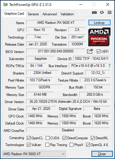 Sapphire PULSE RX 5600 XT 6G GPUZ; Silent mode