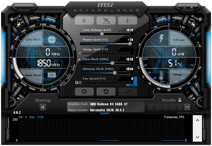 Sapphire PULSE RX 5600 XT 6G - přetaktování pomocí MSI Afterburner Sapphire PULSE RX 5600 XT 6G přetaktování Afterburner