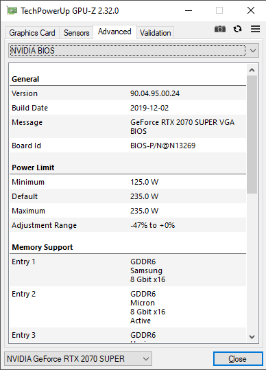 Gainward RTX 2070 SUPER Phoenix V1 GPUZ TDP