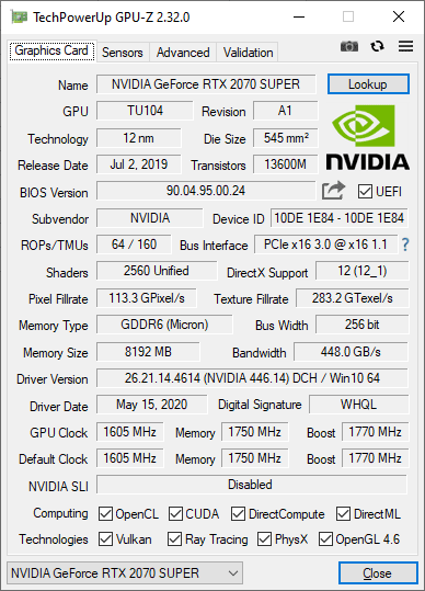 Gainward RTX 2070 SUPER Phoenix V1 GPUZ