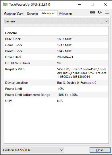 Sapphire PULSE RX 5500 XT 8G GPUZ; Silent mode