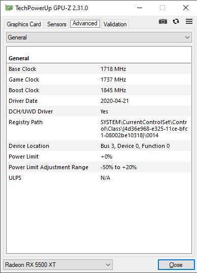 Sapphire PULSE RX 5500 XT 8G GPUZ; Performance mode