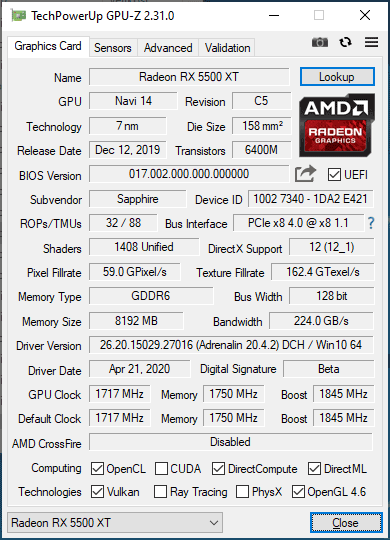 Pro zvětšení klikni Sapphire PULSE RX 5500 XT 8G GPUZ; Silent mode