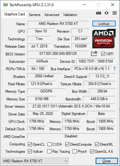 Pro zvětšení klikni ASRock RX 5700 XT Taichi X 8G OC+ GPUZ; Silent mode