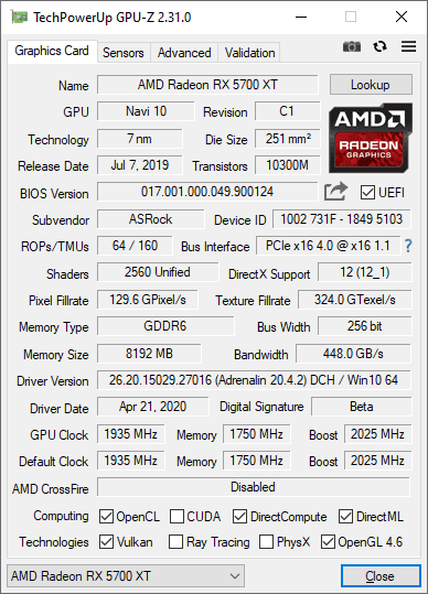 Pro zvětšení klikni ASRock RX 5700 XT Taichi X 8G OC+ GPUZ; Performance mode