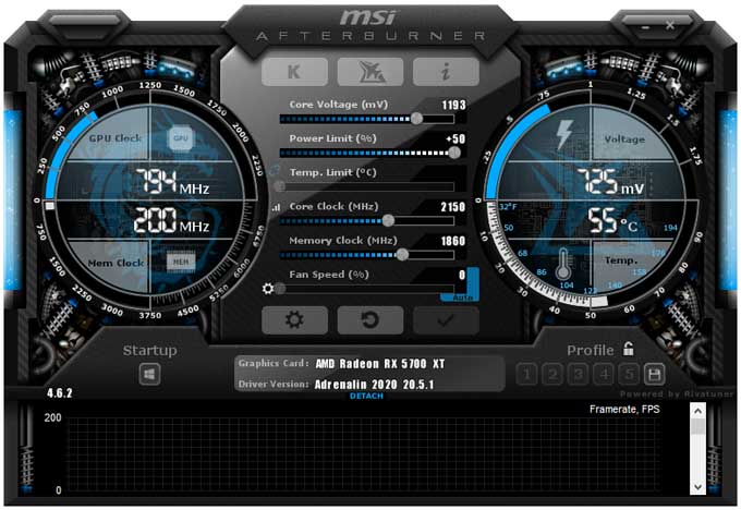 ASRock RX 5700 XT Taichi X 8G OC+ přetaktování Afterburner