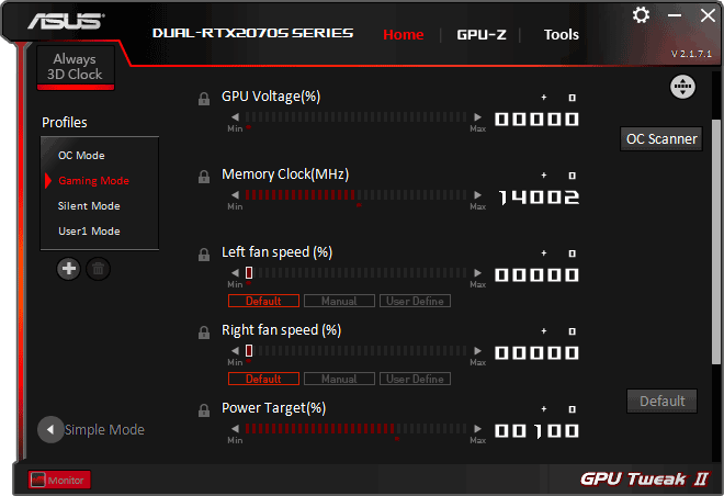 Pro zvětšení klikni Asus DUAL RTX 2070 SUPER O8G EVO GPU Tweak advanced mode