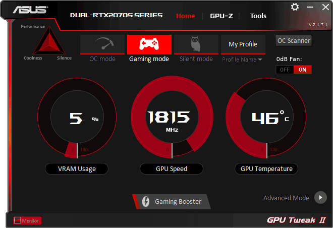 Pro zvětšení klikni Asus DUAL RTX 2070 SUPER O8G EVO GPU Tweak simple mode