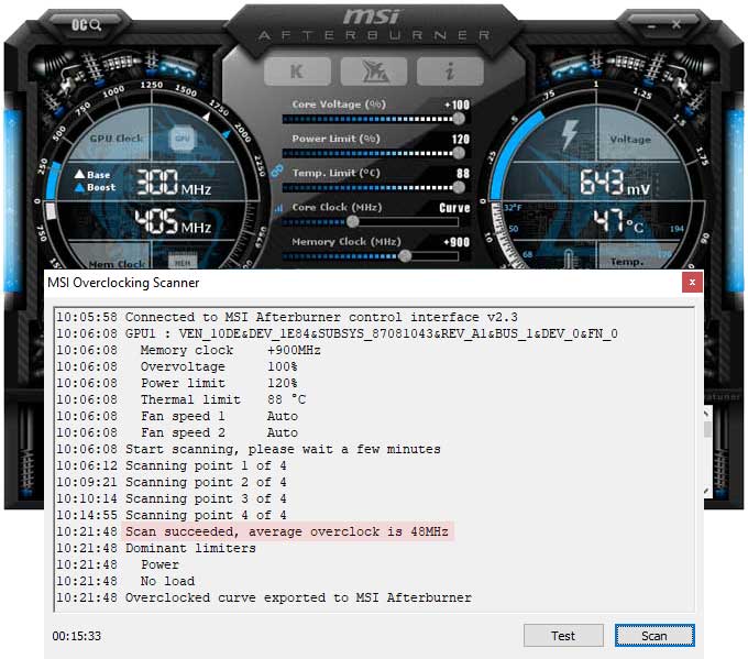 Přetaktování pomocí OC Scanner Asus DUAL RTX 2070 SUPER O8G EVO přetaktování Afterburner