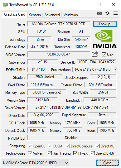 Pro zvětšení klikni Asus STRIX RTX 2070 SUPER O8G Gaming GPUZ; Performance mode