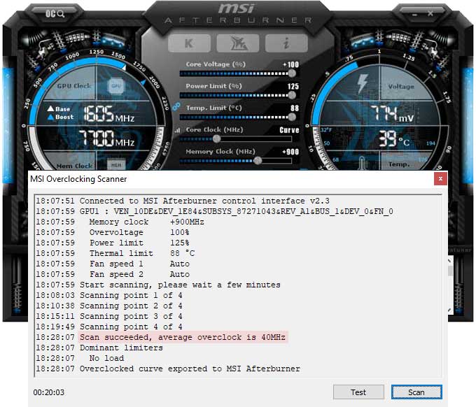 Přetaktování pomocí OC Scanner Asus STRIX RTX 2070 SUPER O8G Gaming přetaktování Afterburner