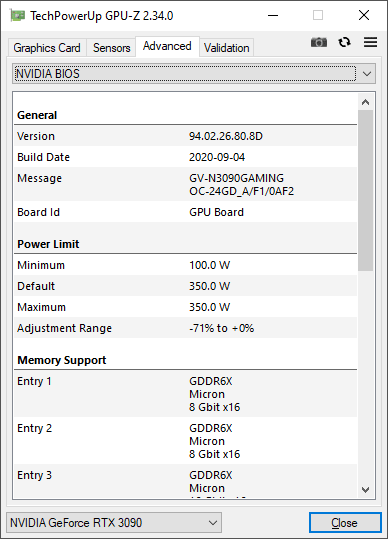 Gigabyte RTX 3090 Gaming OC 24G GPUZ; Quiet mode