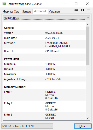 Gigabyte RTX 3090 Gaming OC 24G GPUZ; Performance mode