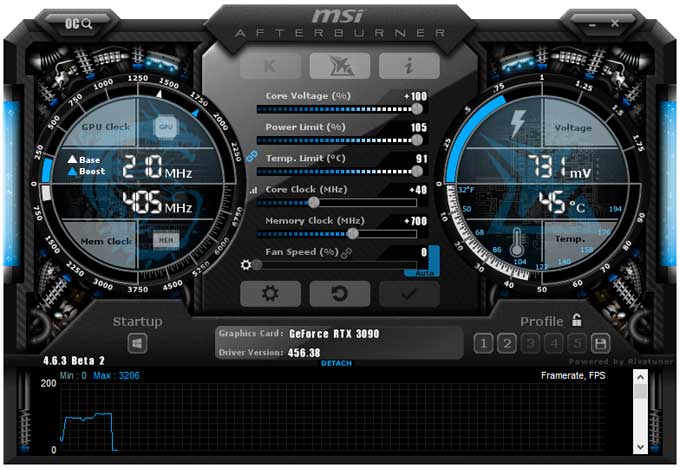 Gigabyte RTX 3090 Gaming OC 24G přetaktování Afterburner