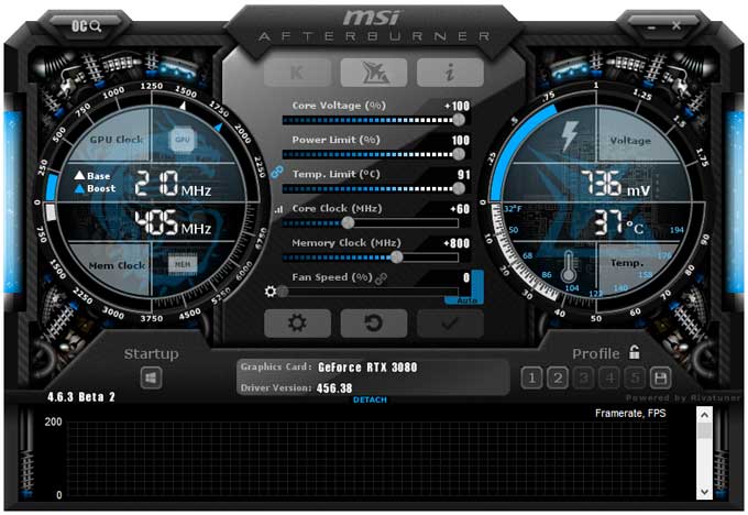 Inno3D RTX 3080 iCHILL X3 10G přetaktování Afterburner