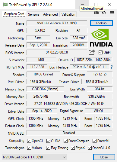 MSI RTX 3090 Gaming X TRIO 24G GPUZ