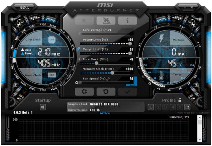 Gainward RTX 3080 Phoenix GS 10G přetaktování Afterburner