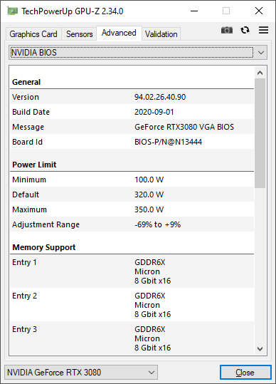 Gainward RTX 3080 Phoenix GS 10G GPUZ TDP