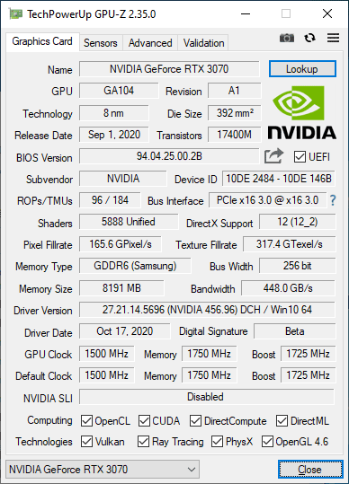 NVIDIA RTX 3070 Founders Edition GPUZ