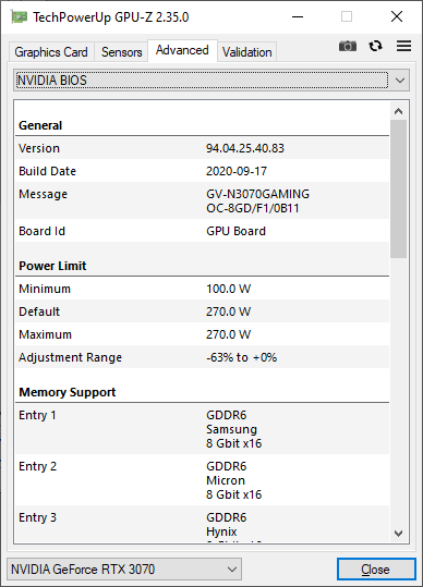 Gigabyte RTX 3070 Gaming OC 8G GPUZ; Performance mode