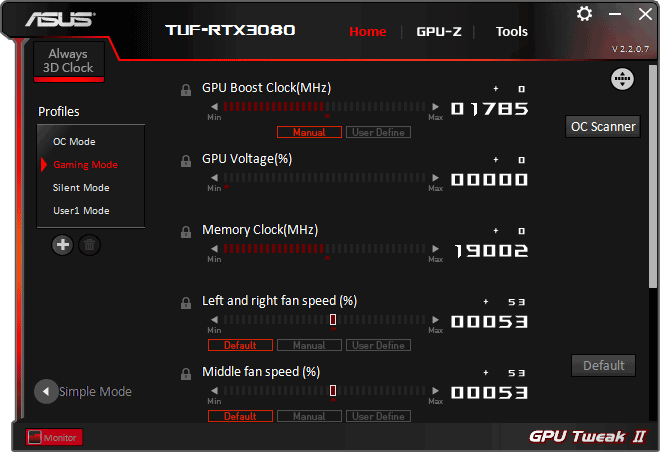 Asus TUF RTX 3080 O10G Gaming Tweak advanced mode