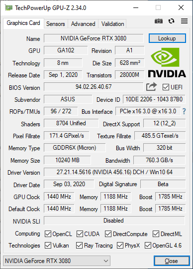 Asus TUF RTX 3080 O10G Gaming GPUZ; Performance mode