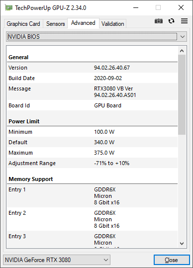 Asus TUF RTX 3080 O10G Gaming GPUZ; Performance mode
