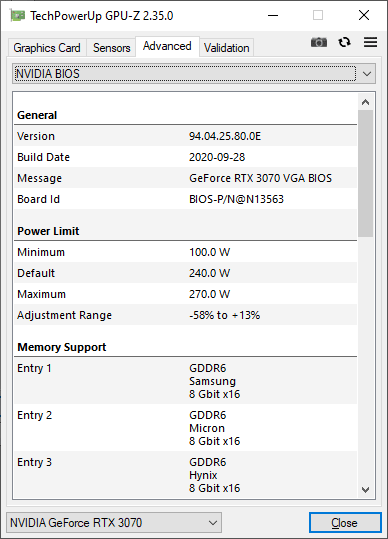 Gainward RTX 3070 Phoenix GS 8G GPUZ TDP