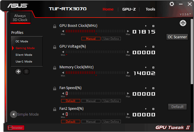 Asus TUF RTX 3070 O8G Gaming Tweak advanced mode