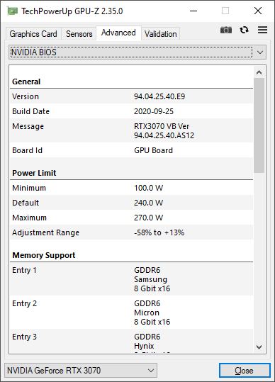 Asus TUF RTX 3070 O8G Gaming GPUZ; Performance mode