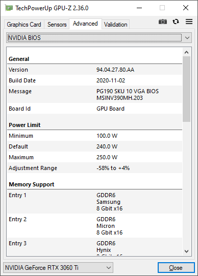 MSI RTX 3060 Ti Gaming X TRIO 8G GPUZ TDP