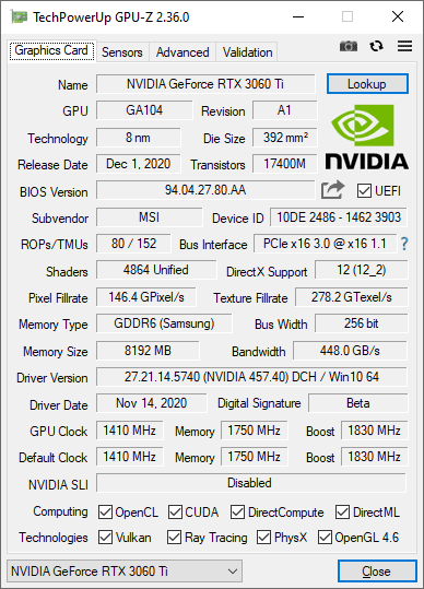 MSI RTX 3060 Ti Gaming X TRIO 8G GPUZ