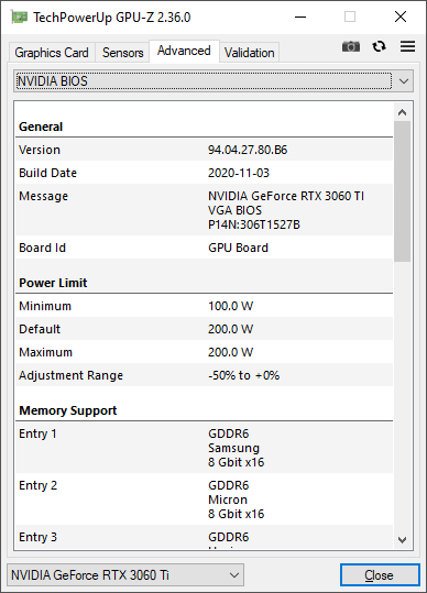 Pro zvětšení klikni Inno3D RTX 3060 Ti TWIN X2 OC 8G GPUZ TDP