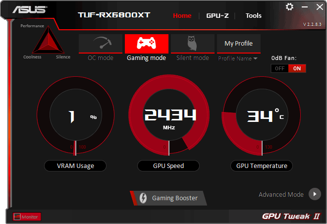 Pro zvětšení klikni Asus TUF RX 6800 XT O16G Gaming GPU Tweak simple mode