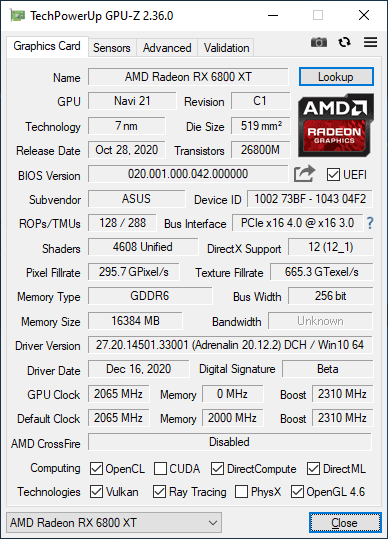 Asus TUF RX 6800 XT O16G Gaming; Silent mode