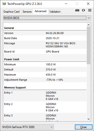 MSI RTX 3080 SUPRIM X 10G GPUZ TDP; Gaming mode
